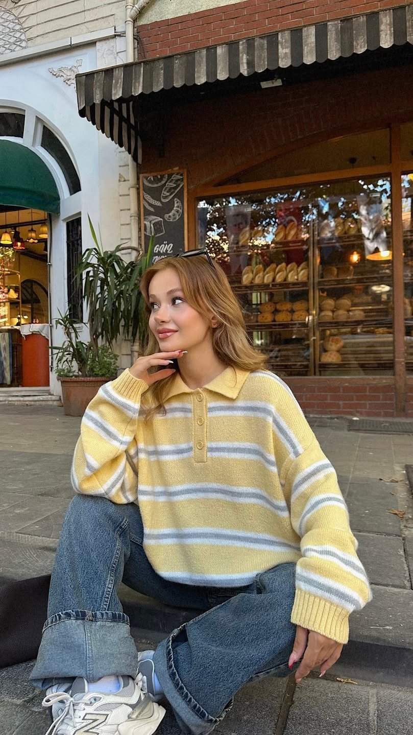 IMG_6464 Striped Polo Collar Sweater Yellow – Image 1