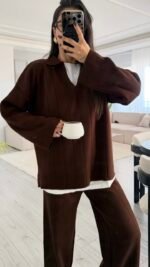 Relax Polo Collar Knitwear Set Brown – Image 3