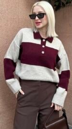 Buttoned Oversize Striped Sweater bordo