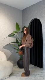 Leather palazzo pants brown – Image 2