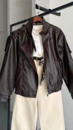High Collar Brown Leather Jacket – Image 3