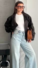 High Collar Brown Leather Jacket – Image 2