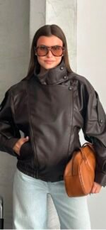 High Collar Brown Leather Jacket – Image 4