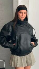 High Collar black Leather Jacket – Image 3