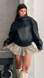 High Collar black Leather Jacket – Image 4