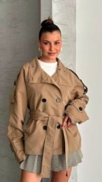 Stand Collar Belted Mink Trench Coat – Image 3