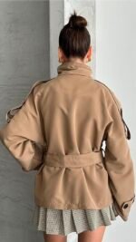 Stand Collar Belted Mink Trench Coat – Image 2