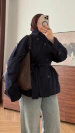 Stand collar belted navy blue trench coat – Image 2
