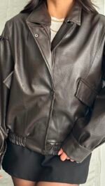 Zra Model Leather Biker Jacket Brown – Image 3