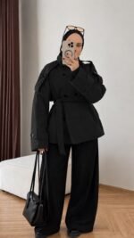 Stand collar belted black trench coat