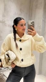 Large Buttoned Knitted Cardigan Creamy