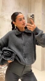Large Buttoned Knitted Cardigan Dark Grey