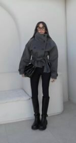 ANTHRACITE ARİCA STAND COLLAR SHORT COAT