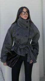 ANTHRACITE ARİCA STAND COLLAR SHORT COAT – Image 2