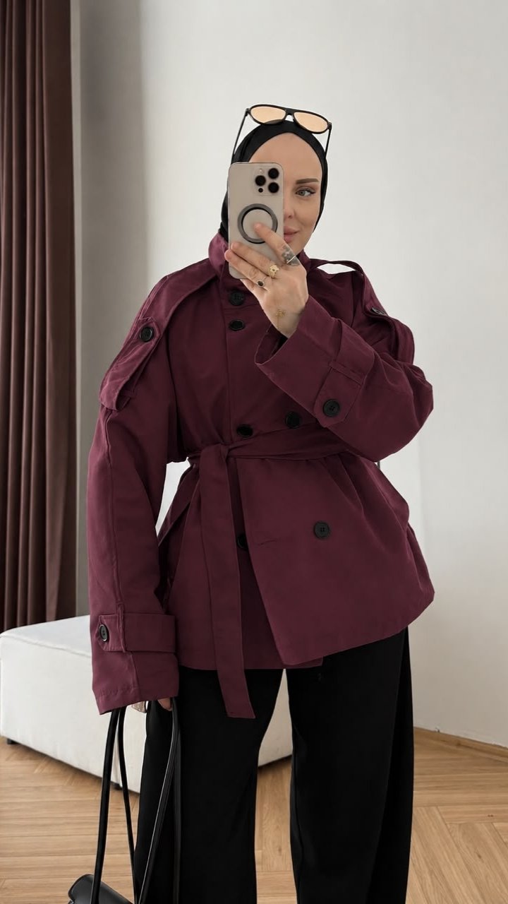Oplus_16908288 Stand collar belted bordo trench coat – Image 1